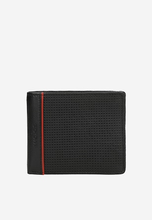 Czarny portfel męski ze skóry licowej z pionowym czerwonym paskiem