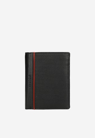 Czarny pionowy portfel męski z czerwonym akcentem na boku