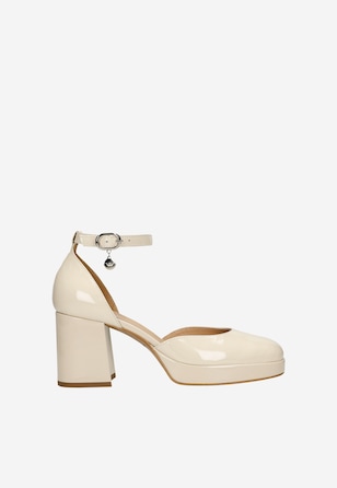 Lakierowane beżowe czółenka damskie na szerokim obcasie