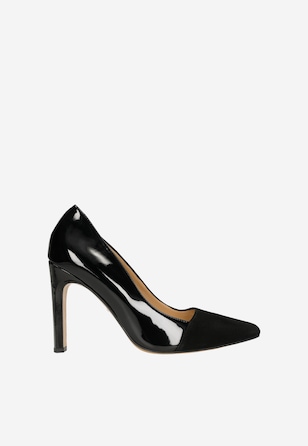 Czarne wieczorowe czółenka damskie z łączonych skór