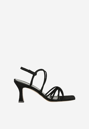 Sandale negre cu toc și bretele împletite