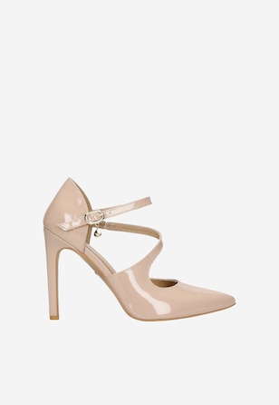 Pantofi  stiletto eleganți bej cu toc și curea în jurul piciorului damă