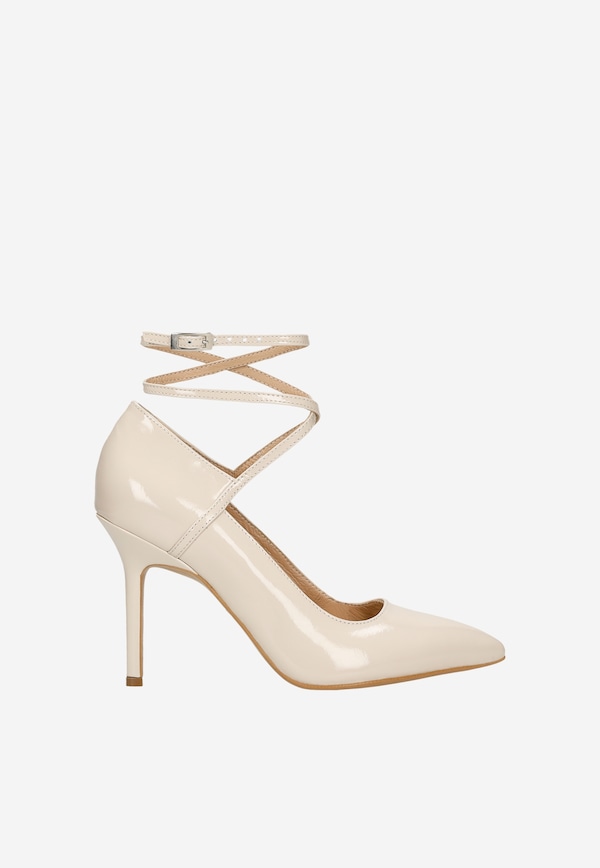 Pantofi  stiletto bej cu curea lungă în jurul gleznei damă