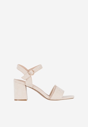 WJS beżowe sandały damskie na obcasie z kryształkową ozdobą