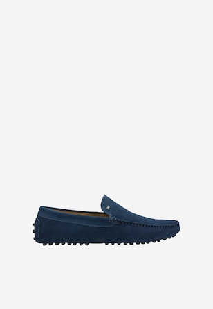 Granatowe skórzane mokasyny męskie typu car shoes