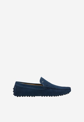 Granatowe skórzane mokasyny męskie typu car shoes