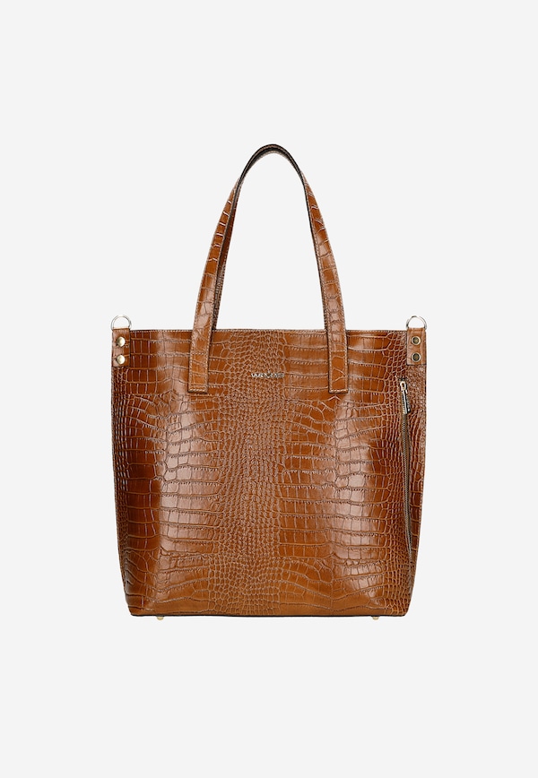 Dámska shopper bag z hnedej kože s hadím motívom