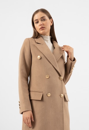 RELAKS elegantní béžový dámský kabát se zlatými knoflíky
