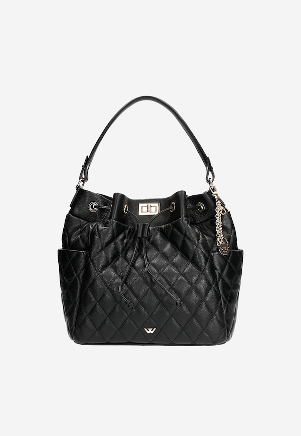 Duża czarna pikowana torebka typu worek ze skóry licowej