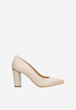 Pantofi  stiletto  bej cu decor argintiu la toc