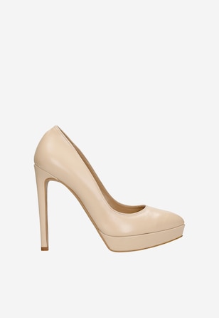 Pantofi cu toc cui din piele bej pe platformă damă