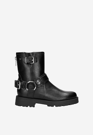 Czarne skórzane bikery damskie z klamrami