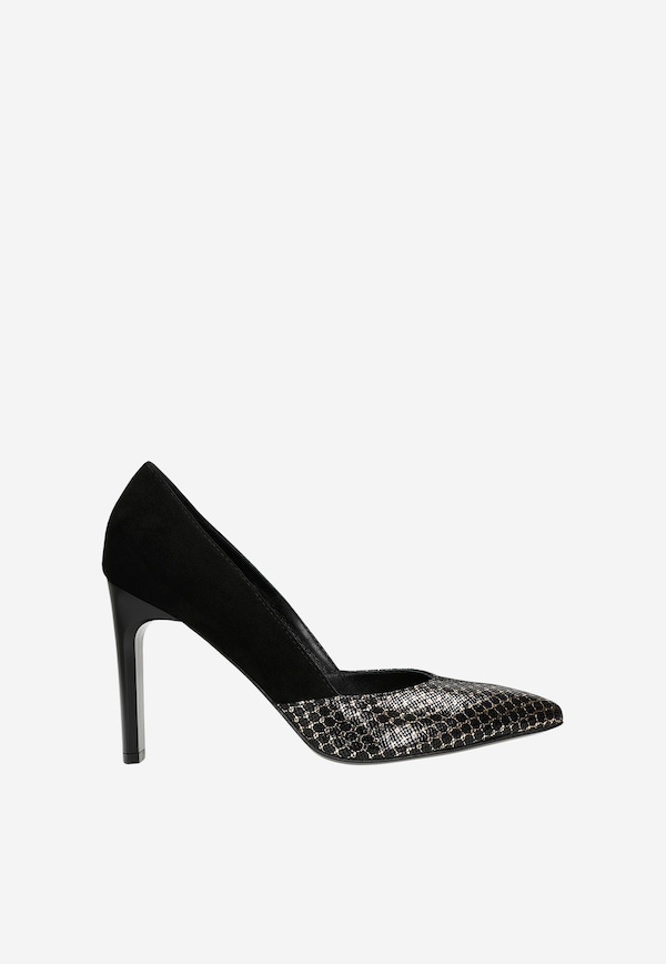 Čierne velúrové dámske čerpadlá s elegantným zlatým vzorom