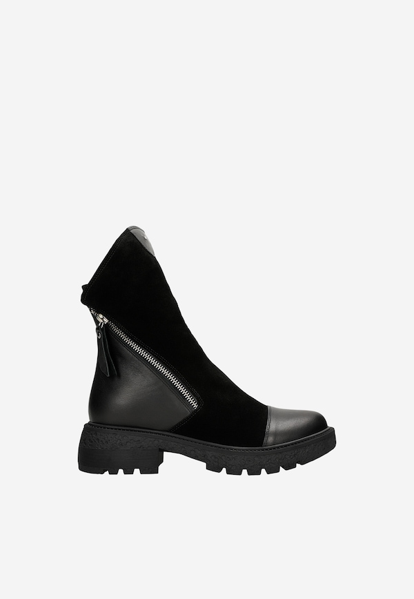 Botine negre din piele combinata cu fermoar decorativ damă