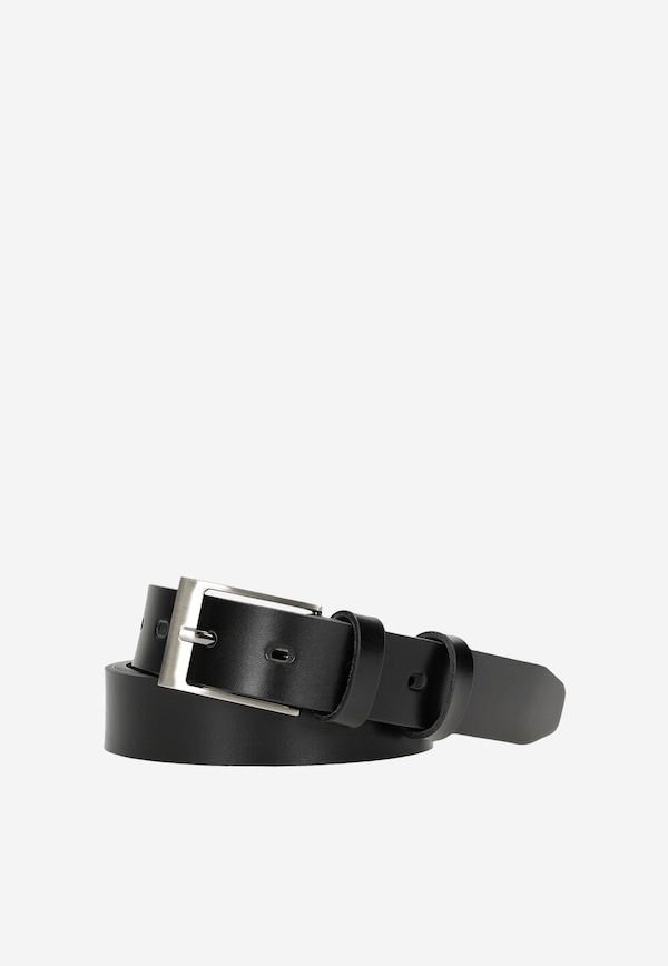 Men's black leather belt with silver buckle