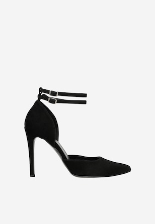 Pantofi stiletto  negri cu inchidere dubla in jurul gleznei damă