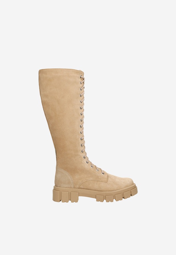 Wysokie beżowe wiązane kozaki damskie