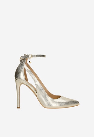 Złote metaliczne szpilki damskie z weluru foliowanego