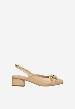 Pantofi stiletto bej cu toc deschis si lant decorativ damă