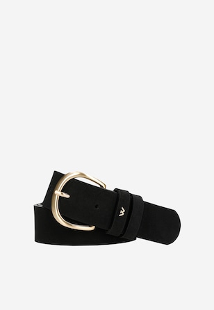 Curea neagră din nubuc cu cataramă aurie