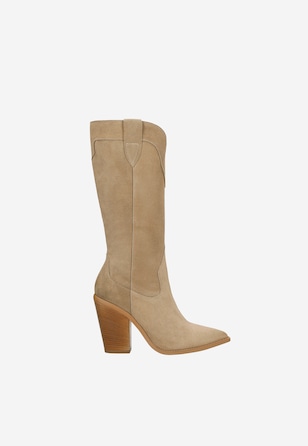 Beżowe kozaki kowbojki na wysokim obcasie