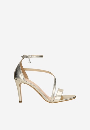 Sandale elegante aurii cu toc cui și curea decorativă