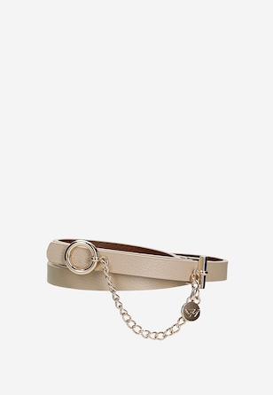 Dwustronny beżowo-brązowy pasek z ozdobnym łańcuchem