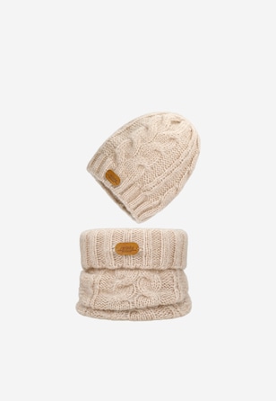Beżowy komplet z wełny merino czapka + komin