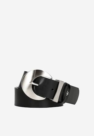 Curea neagră din piele cu cataramă mare argintie damă