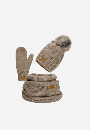 Beżowy zestaw RELAKS - czapka + komin + rękawiczki