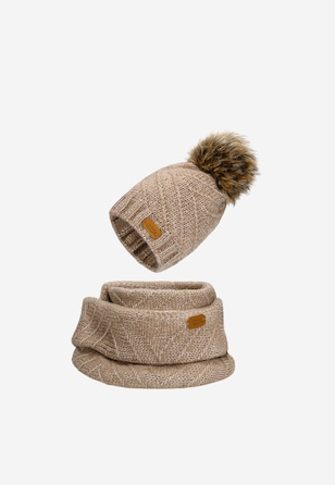 RELAKS beżowy komplet z wełny merino czapka z pomponem + komin