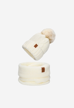 Set alb căciulă cu pompon și fular horn RELAKS