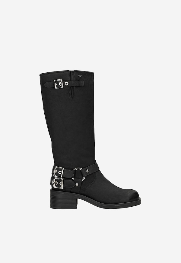Women's black leather motorcycle boots