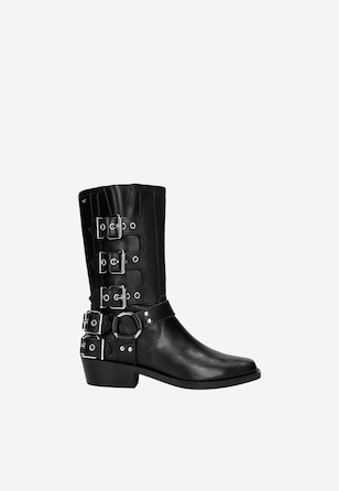 Botine cowboy din piele negre in stil motociclist