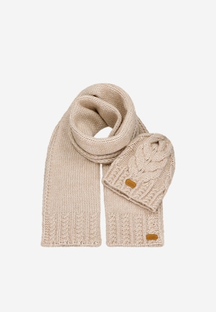 Beżowy komplet czapka + szalik z wełny merino