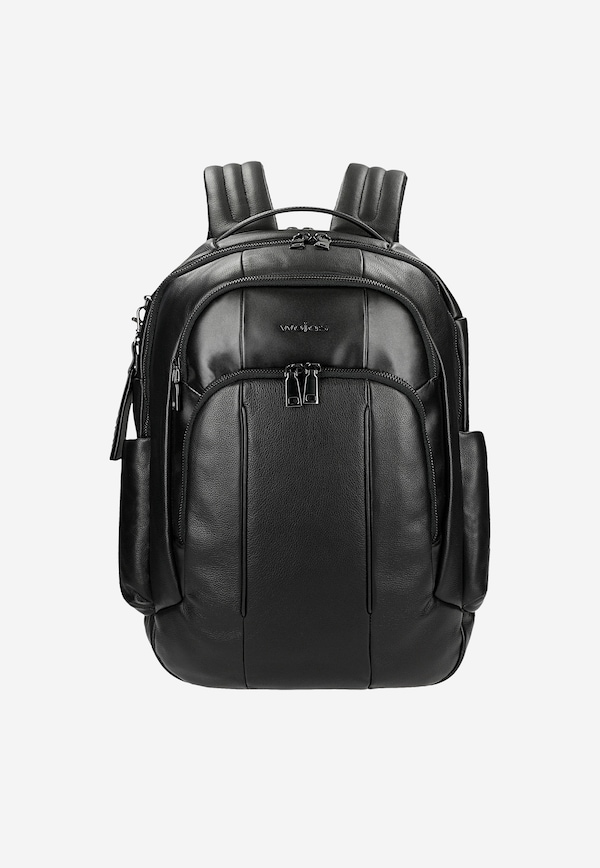 Spacious black smooth leather backpack