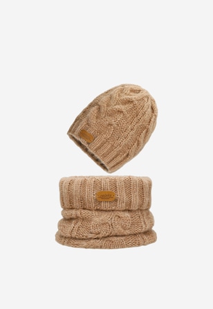 RELAKS jasnobrązowy zestaw z wełną merino - czapka + komin