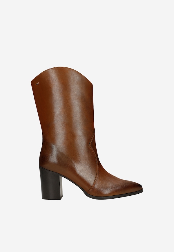 Brown leather cowboy boots with a heel for women
