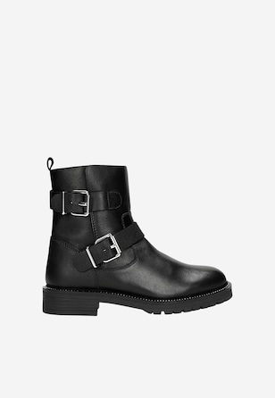 Women's black leather ankle boots with buckles