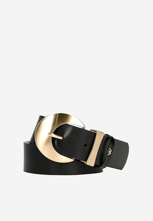 Czarny skórzany pasek damski z dużą klamrą