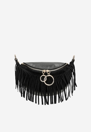 Czarna torebka nerka z frędzlami