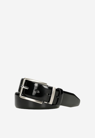 Čierny lakovaný pánsky opasok so striebornou prackou