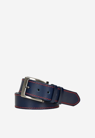 Tmavě modrý pánský pásek z lícové kůže s červeným prošíváním