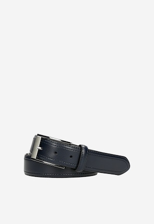 Granatowy skórzany pasek męski z otwartą klamrą