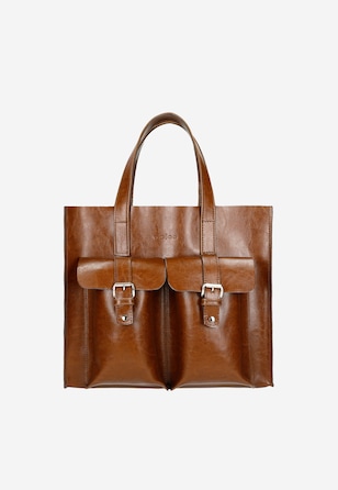 Duża brązowa torebka damska z zewnętrznymi kieszonkami