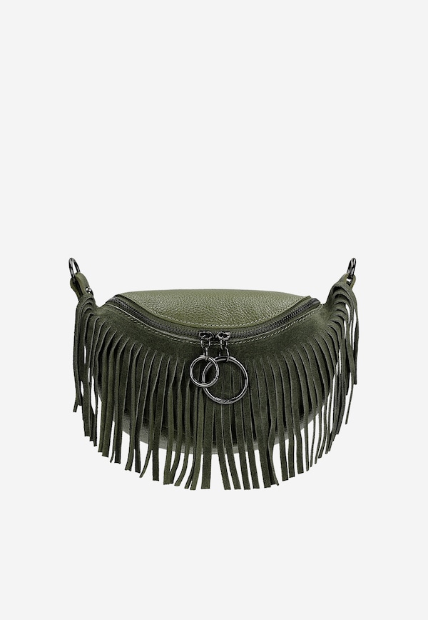 Green leather belt bag with fringes for women