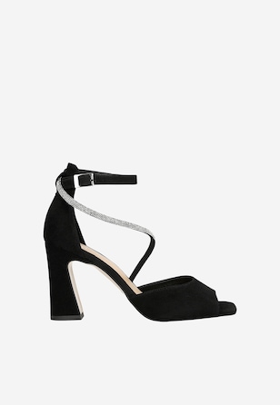 Czarne wieczorowe sandały na słupku z paskiem z kryształkami