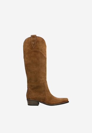 Brązowe kowbojki damskie ze skóry welurowej