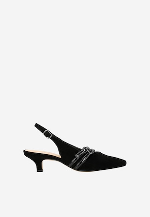 Czarne welurowe czółenka z lakierowanymi ozdobnymi paskami