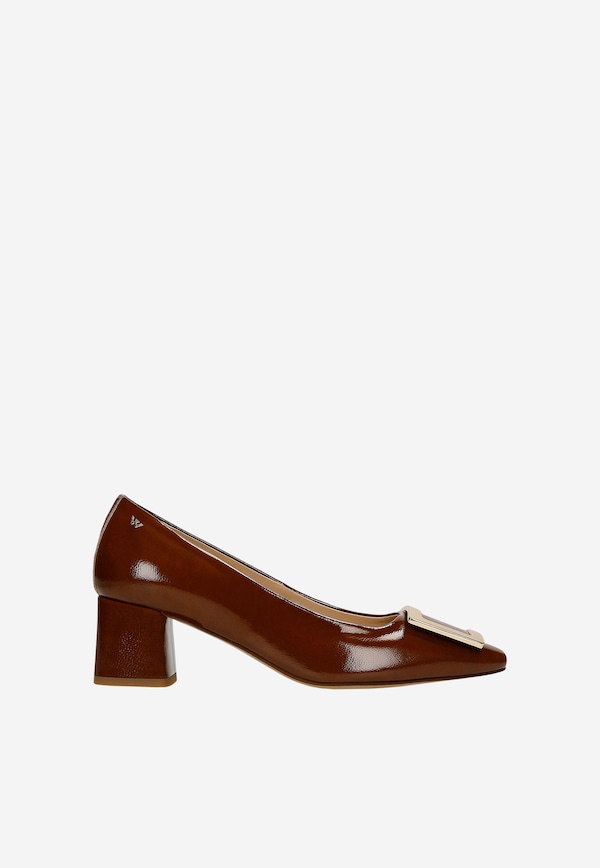 Pantofi stiletto maro cu decor metalic auriu